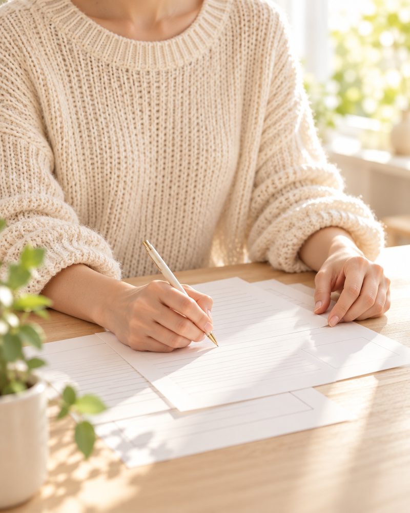 窓辺の明るい部屋で、生成りのニットを着た人が机に向かい、ペンで紙に構成案を書き込んでいる手元。